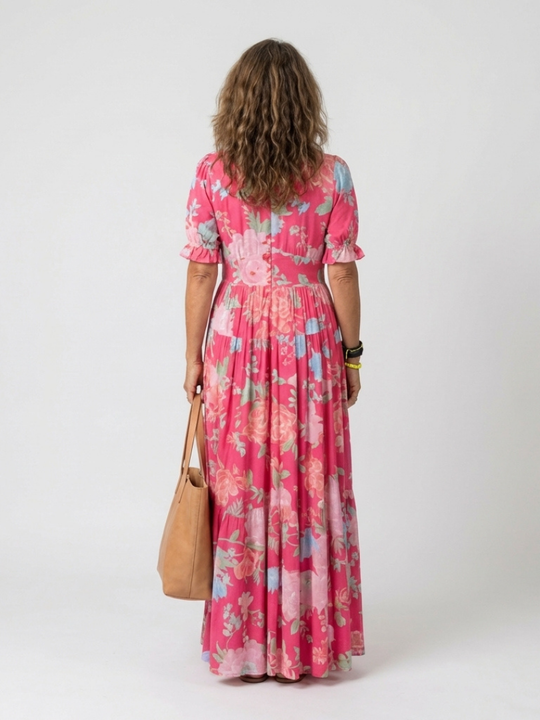 Lightweight Floral V-Neck Midi Dress with Short Sleeves