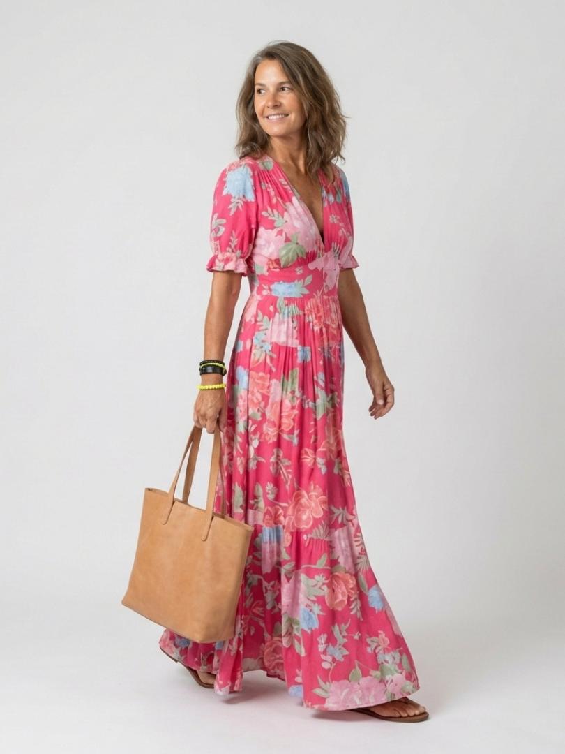 Lightweight Floral V-Neck Midi Dress with Short Sleeves
