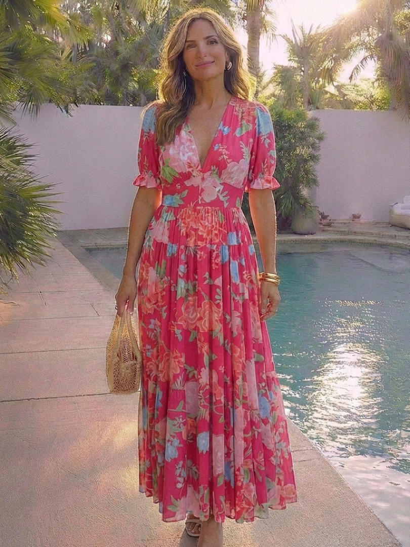 Lightweight Floral V-Neck Midi Dress with Short Sleeves