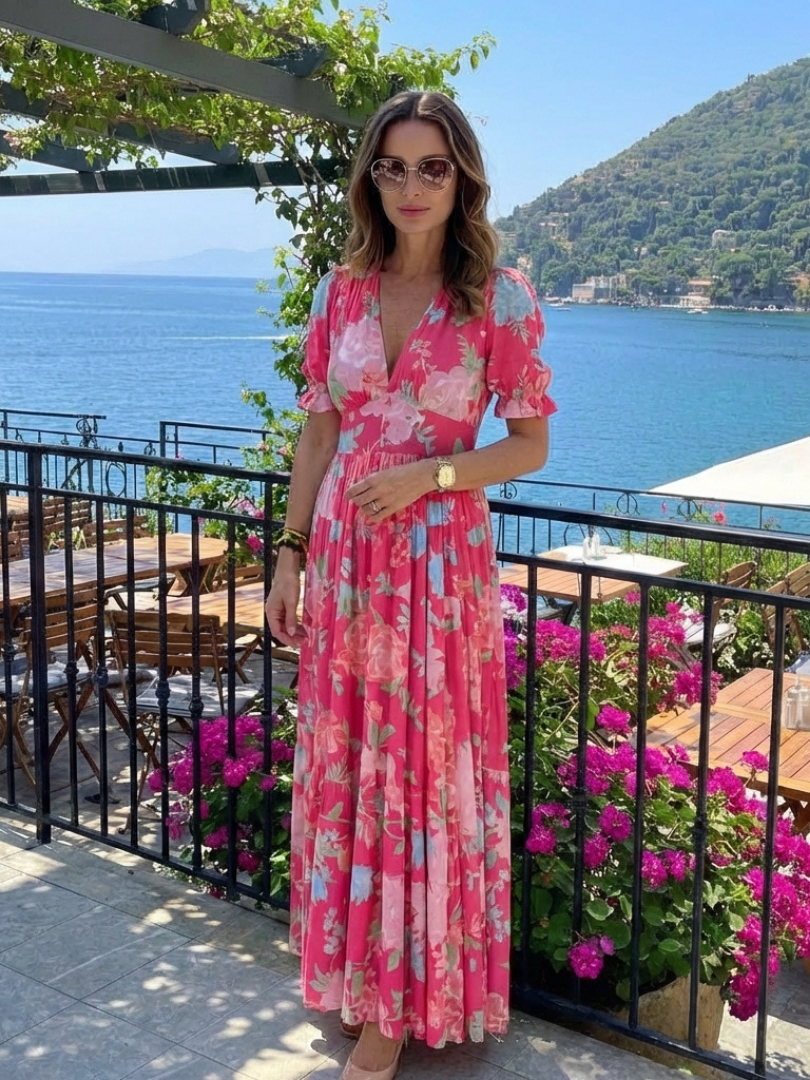 Lightweight Floral V-Neck Midi Dress with Short Sleeves