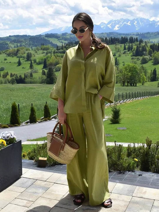 Lightweight Two-Piece Set – Oversized Shirt and Elastic-Waist Wide Trousers