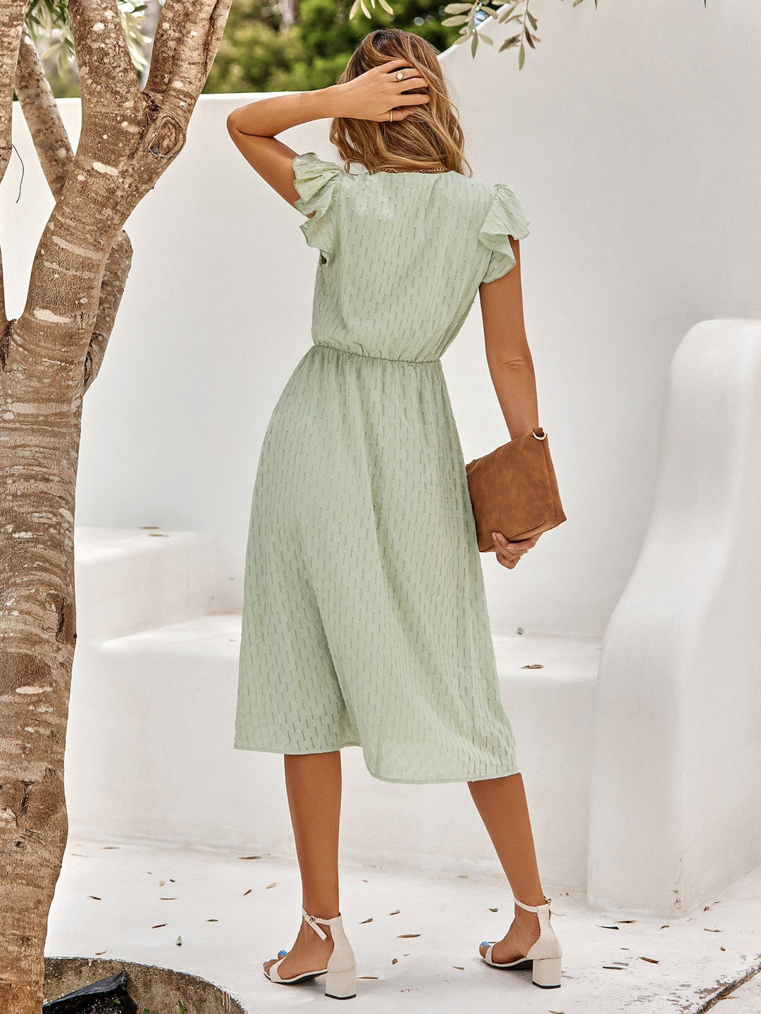 Lightweight V-Neck Midi Dress with Ruffles