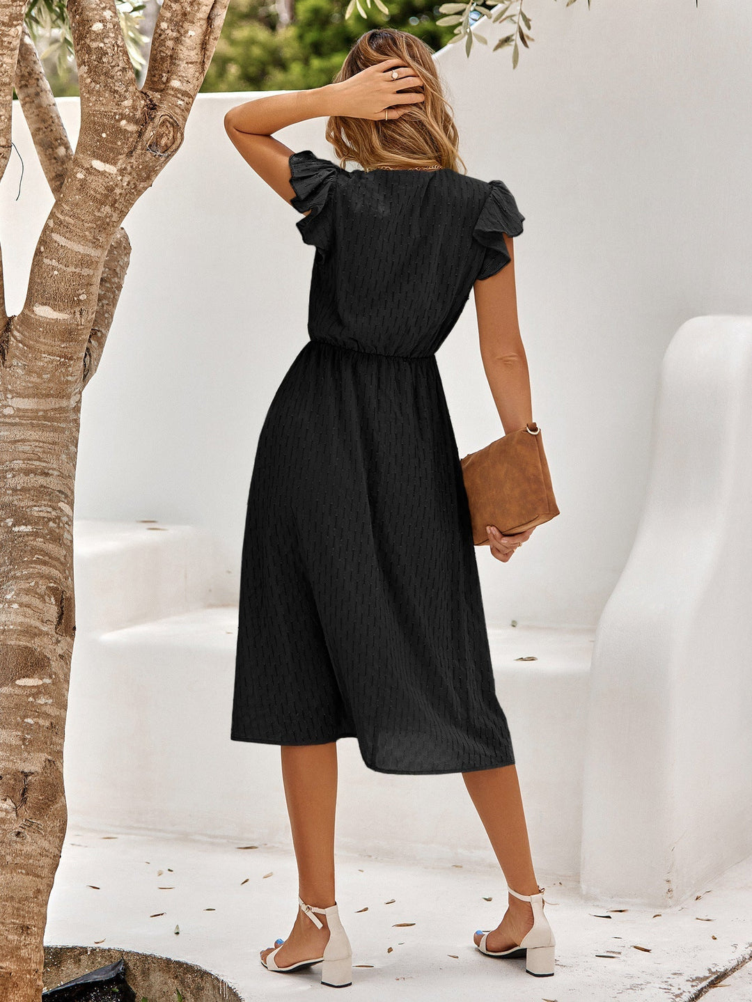 Lightweight V-Neck Midi Dress with Ruffles