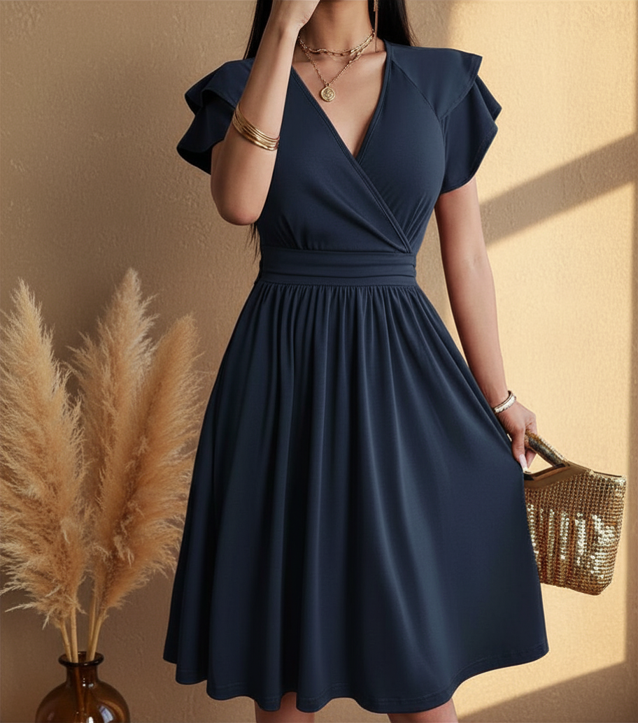 Lightweight Women’s Wrap Midi Dress with Flared Skirt