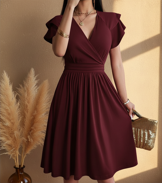 Lightweight Women’s Wrap Midi Dress with Flared Skirt