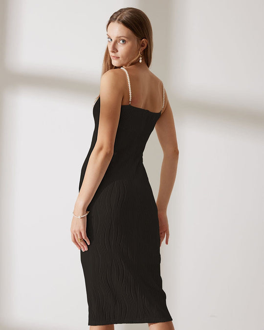 Lined Ribbed Midi Dress with Pearl-Embellished Straps