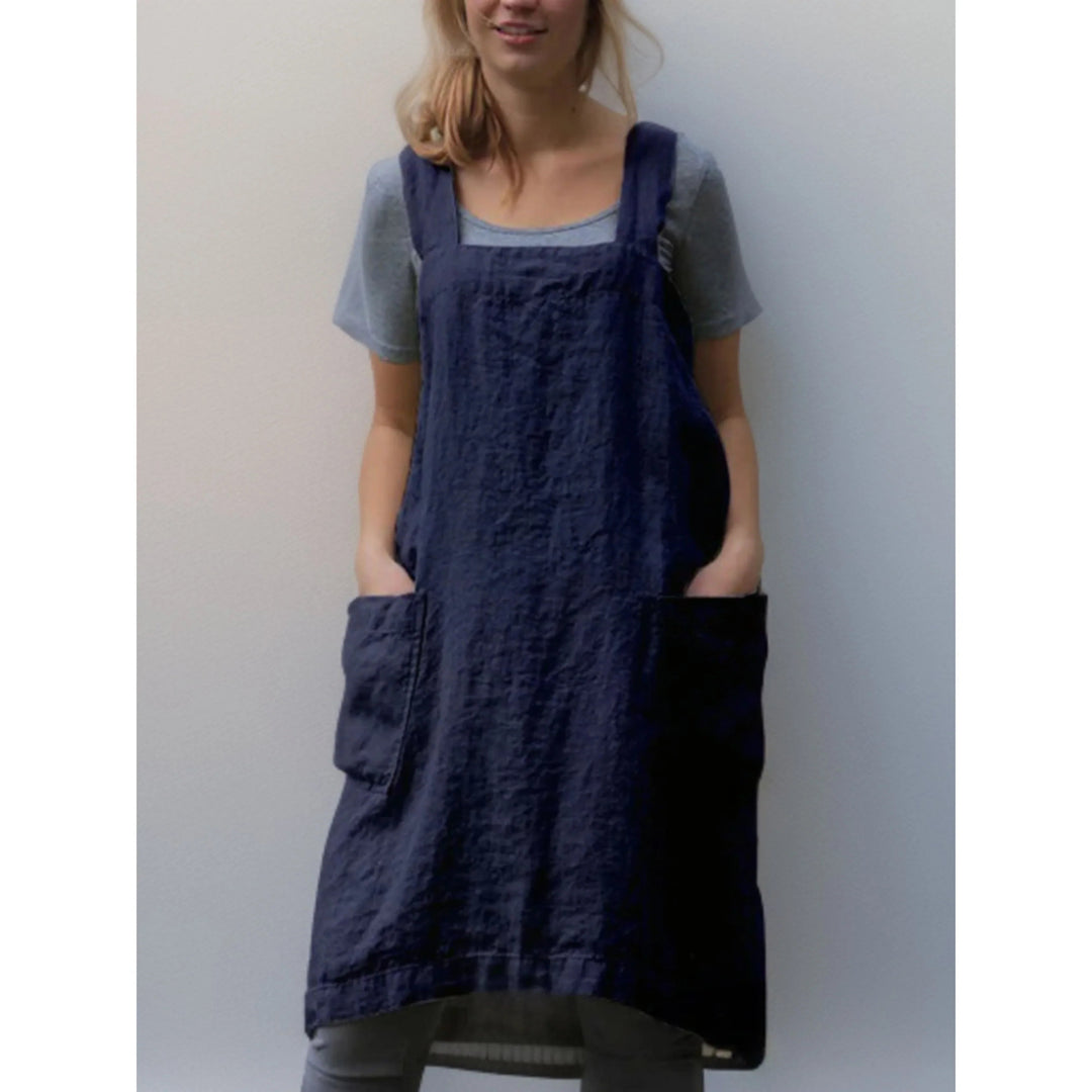 Linen Apron Dress with Pockets – Adjustable Cross-Back Style