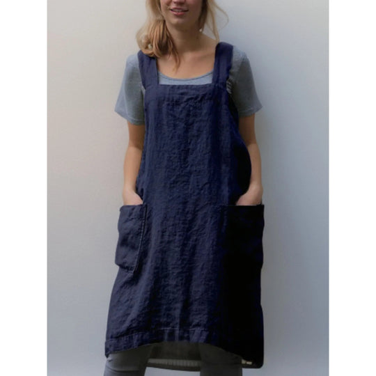 Linen Apron Dress with Pockets – Adjustable Cross-Back Style