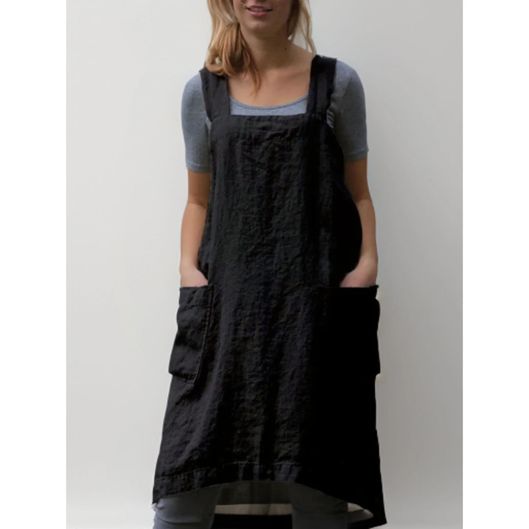 Linen Apron Dress with Pockets – Adjustable Cross-Back Style