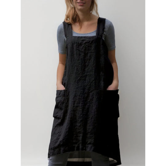 Linen Apron Dress with Pockets – Adjustable Cross-Back Style