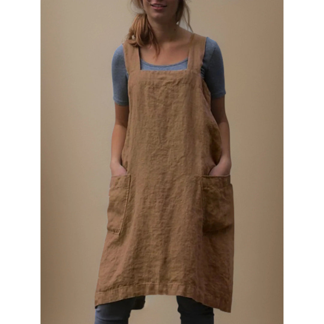 Linen Apron Dress with Pockets – Adjustable Cross-Back Style