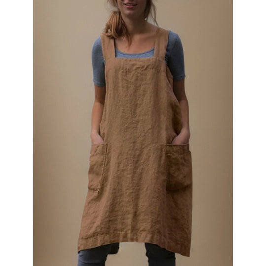 Linen Apron Dress with Pockets – Adjustable Cross-Back Style