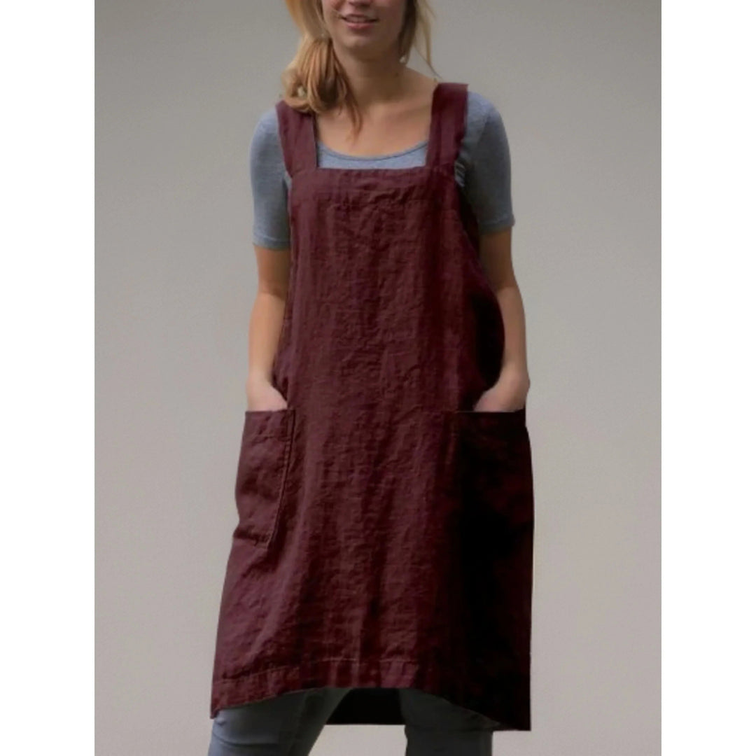 Linen Apron Dress with Pockets – Adjustable Cross-Back Style