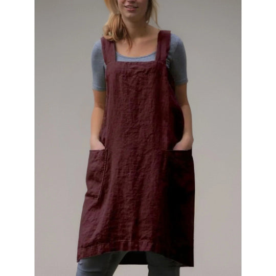 Linen Apron Dress with Pockets – Adjustable Cross-Back Style