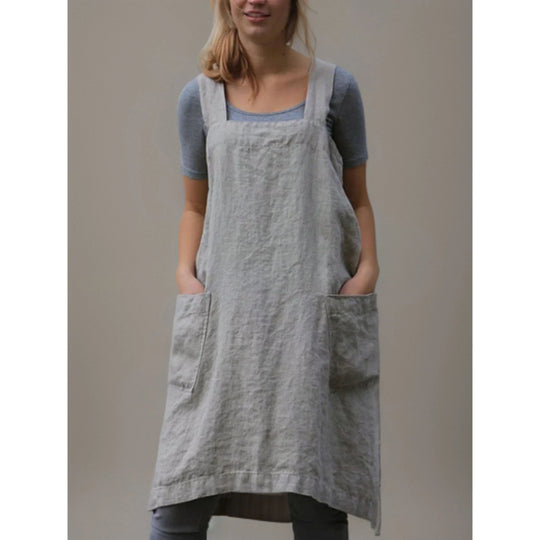 Linen Apron Dress with Pockets – Adjustable Cross-Back Style