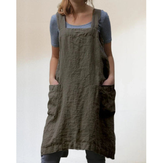 Linen Apron Dress with Pockets – Adjustable Cross-Back Style