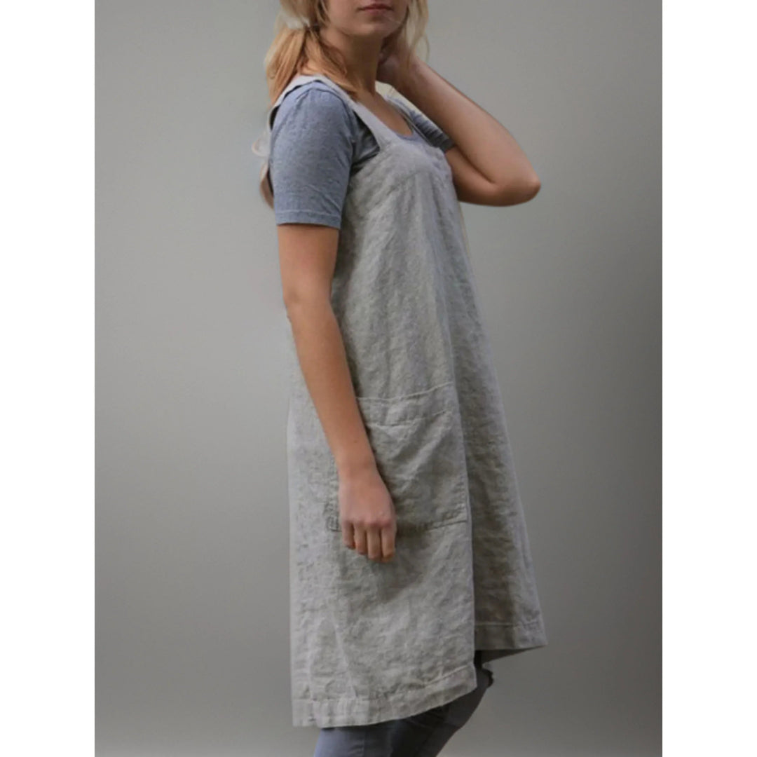 Linen Apron Dress with Pockets – Adjustable Cross-Back Style