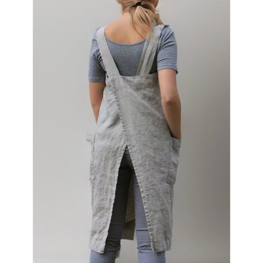 Linen Apron Dress with Pockets – Adjustable Cross-Back Style