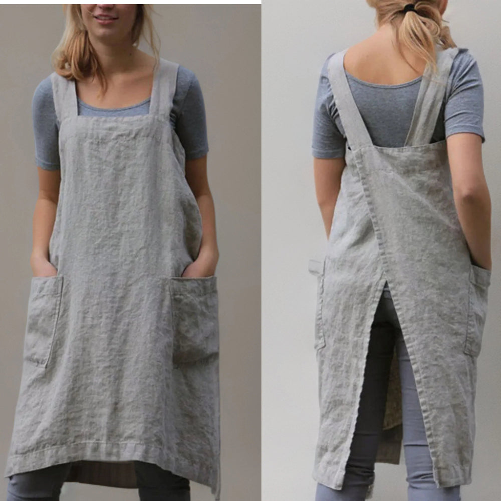 Linen Apron Dress with Pockets – Adjustable Cross-Back Style