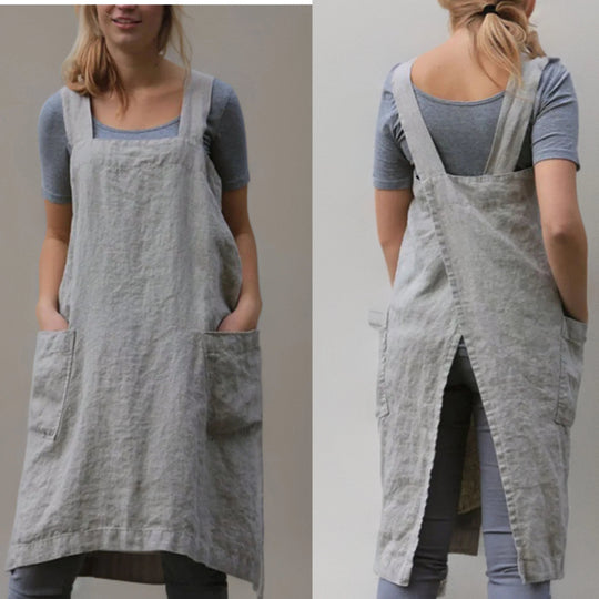 Linen Apron Dress with Pockets – Adjustable Cross-Back Style
