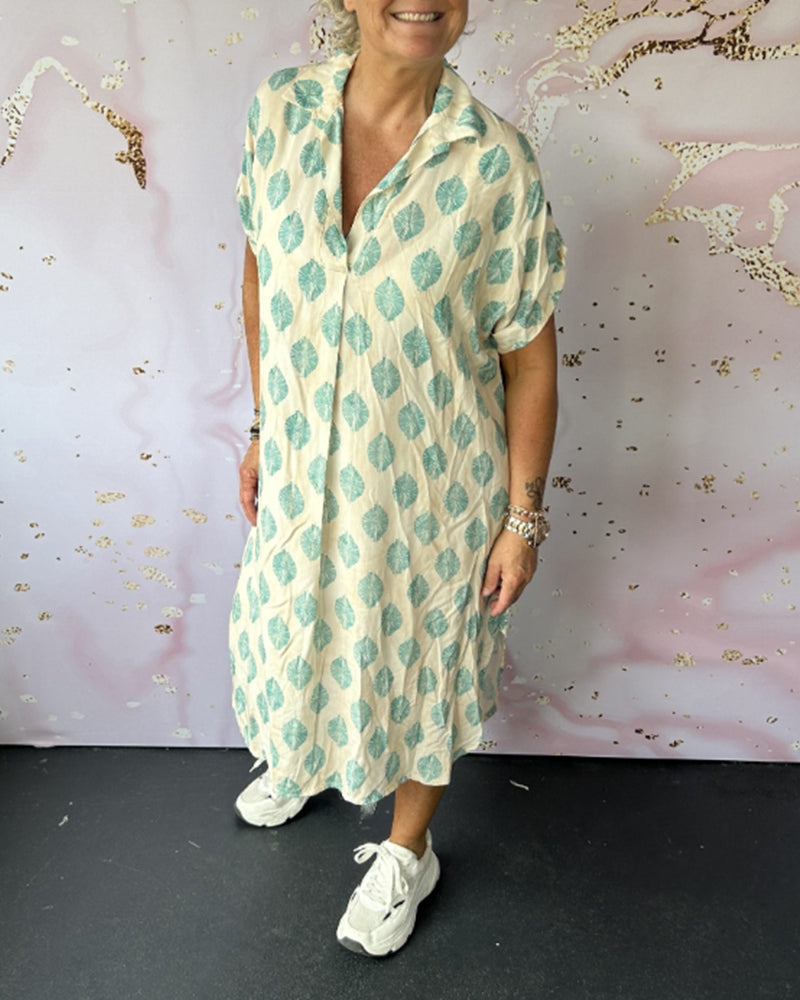 Linen-Blend V-Neck Midi Dress with Short Sleeves