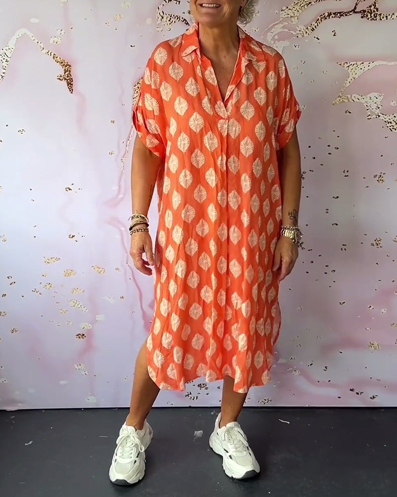 Linen-Blend V-Neck Midi Dress with Short Sleeves