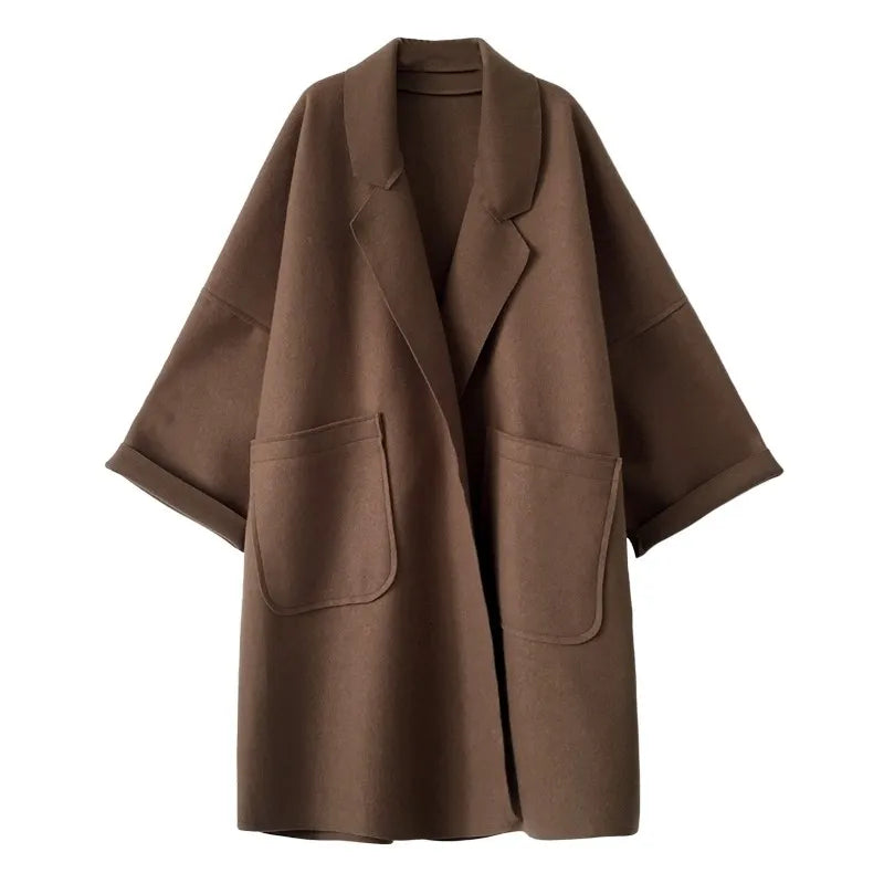 Long Oversized Wool-Blend Coat – Double-Breasted Belted Design