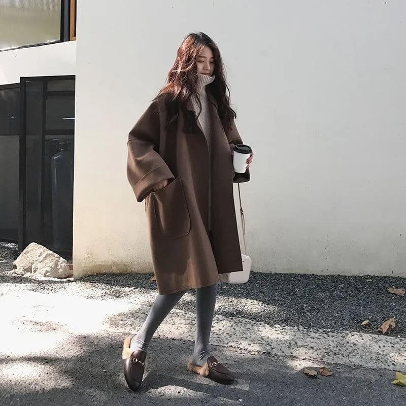 Long Oversized Wool-Blend Coat – Double-Breasted Belted Design