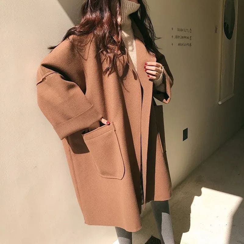 Long Oversized Wool-Blend Coat – Double-Breasted Belted Design