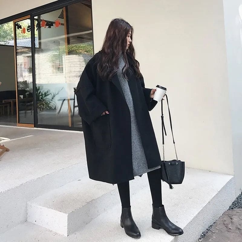 Long Oversized Wool-Blend Coat – Double-Breasted Belted Design