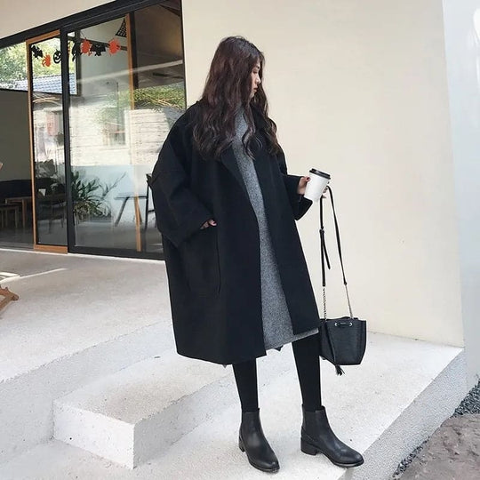 Long Oversized Wool-Blend Coat – Double-Breasted Belted Design