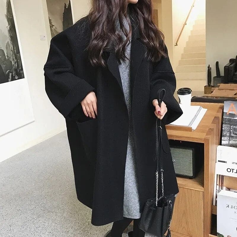 Long Oversized Wool-Blend Coat – Double-Breasted Belted Design