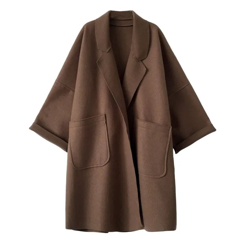 Long Oversized Wool-Blend Coat – Double-Breasted Belted Design