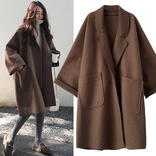 Long Oversized Wool-Blend Coat – Double-Breasted Belted Design