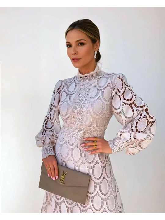 Long-Sleeve Lace Midi Dress with Flared Skirt