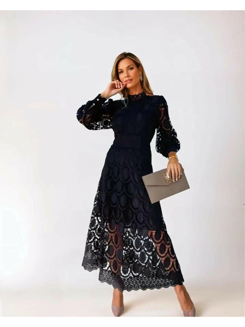 Long-Sleeve Lace Midi Dress with Flared Skirt