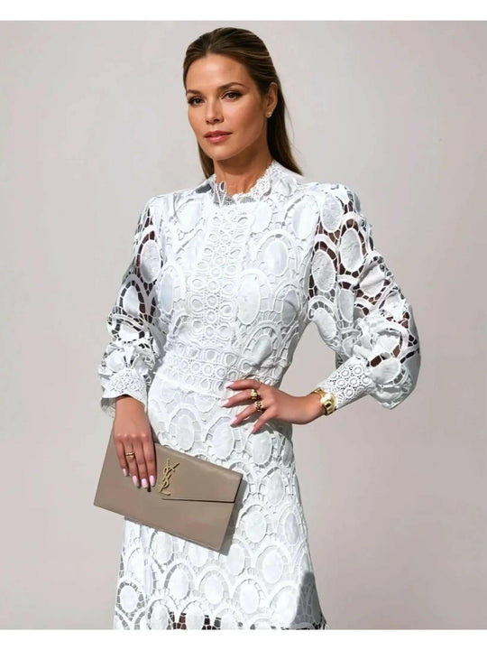 Long-Sleeve Lace Midi Dress with Flared Skirt