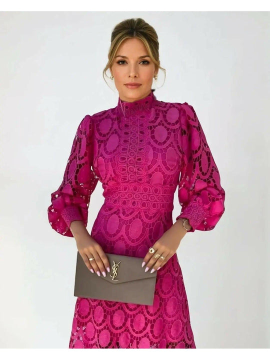Long-Sleeve Lace Midi Dress with Flared Skirt