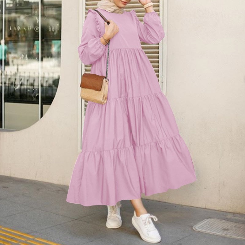 Long-Sleeve Round-Neck Midi Dress