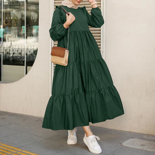 Long-Sleeve Round-Neck Midi Dress