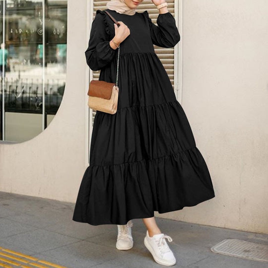 Long-Sleeve Round-Neck Midi Dress