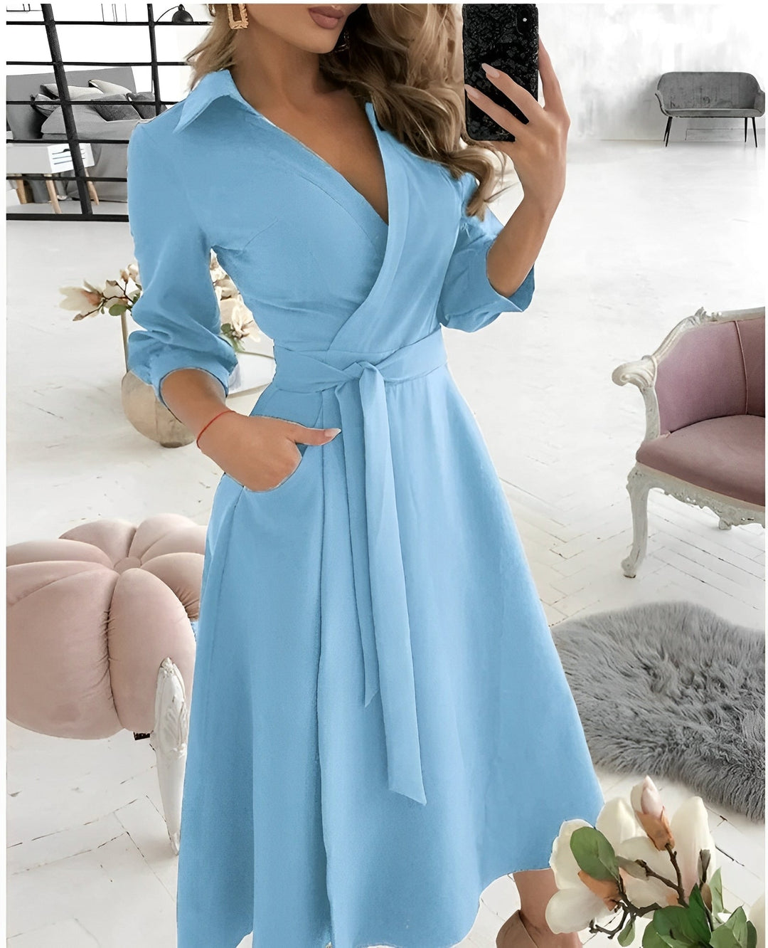 Long-Sleeve V-Neck Wrap Midi Dress with Side Tie