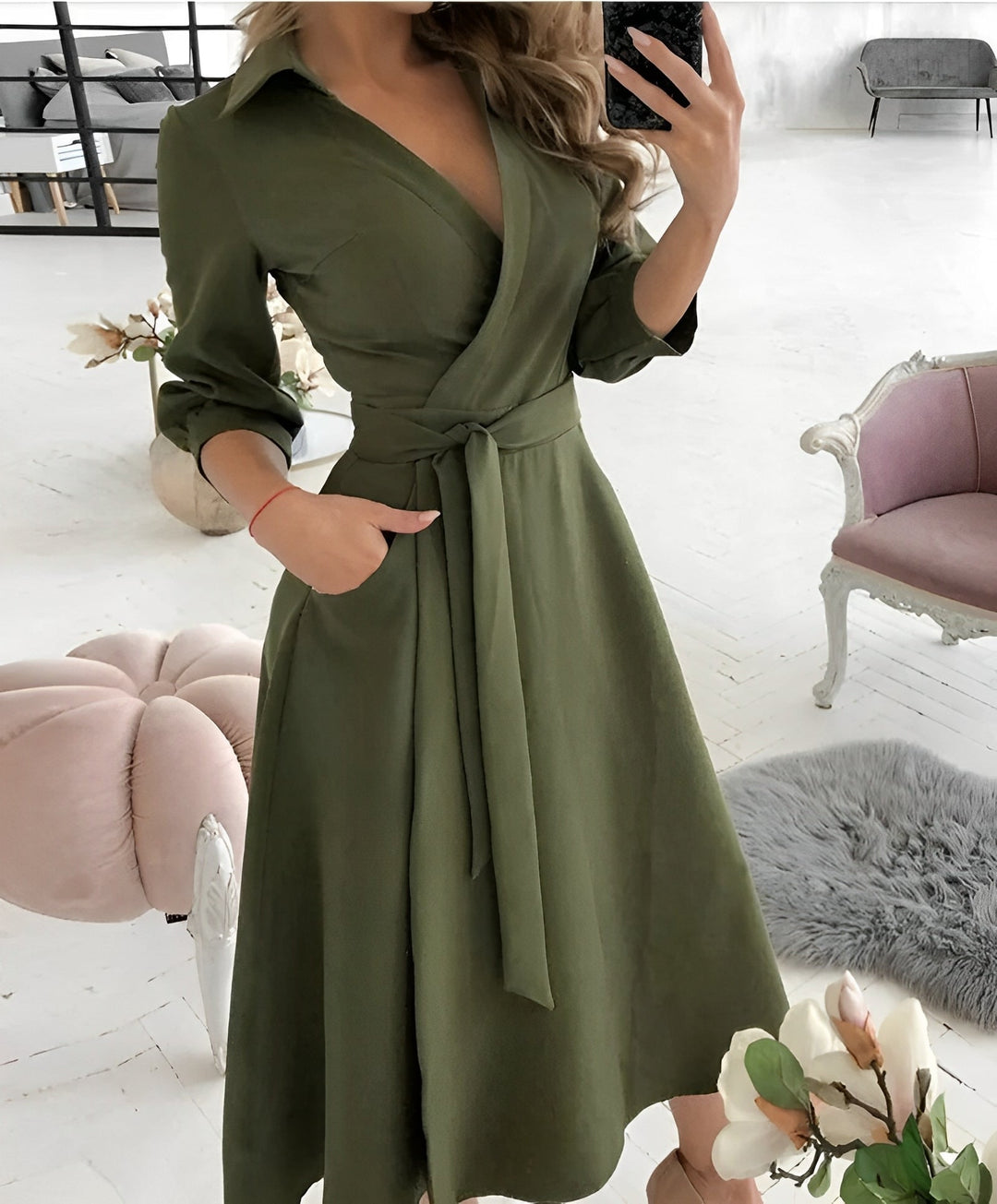 Long-Sleeve V-Neck Wrap Midi Dress with Side Tie