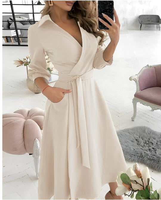 Long-Sleeve V-Neck Wrap Midi Dress with Side Tie