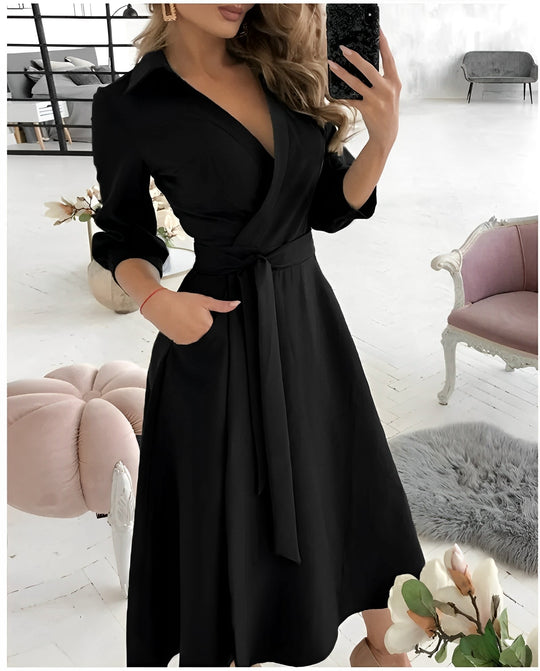 Long-Sleeve V-Neck Wrap Midi Dress with Side Tie