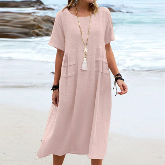 Loose Cotton-Linen Midi Dress with Short Sleeves