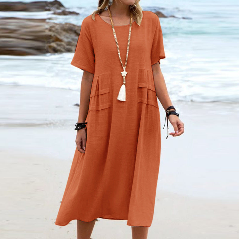 Loose Cotton-Linen Midi Dress with Short Sleeves