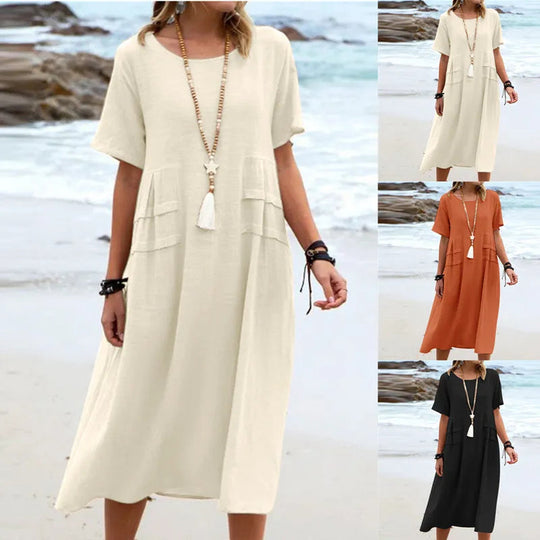 Loose Cotton-Linen Midi Dress with Short Sleeves