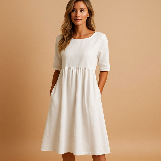 Loose Cotton Midi Dress with Round Neck and Pockets