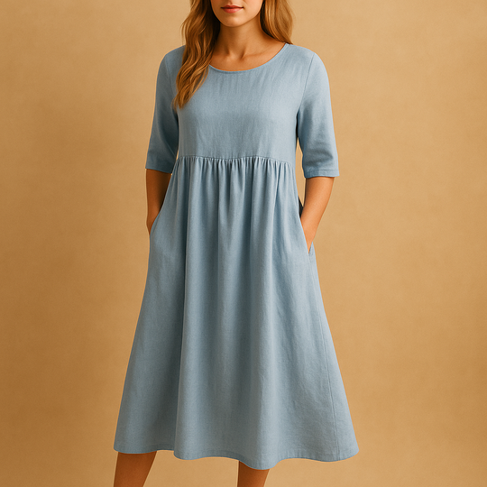 Loose Cotton Midi Dress with Round Neck and Pockets